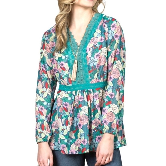 Matilda Jane NWT Teal Kookaburra Boho Floral Lace Peasant Top - Picture 1 of 12